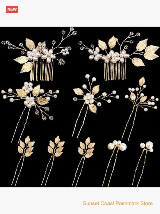10 Gold Leaf Bridal Hair Pins with Pearl Rhinestone Wedding Hair Accessories